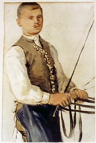 Bauer mit Zügel und Peitsche