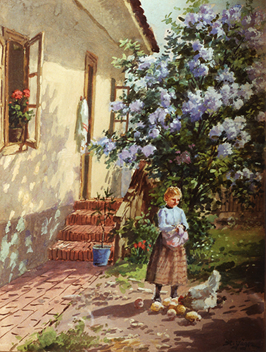 Mädchen füttert Glucke
