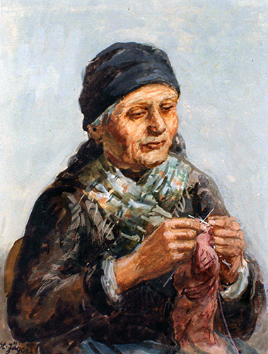 Bäuerin beim Stricken
