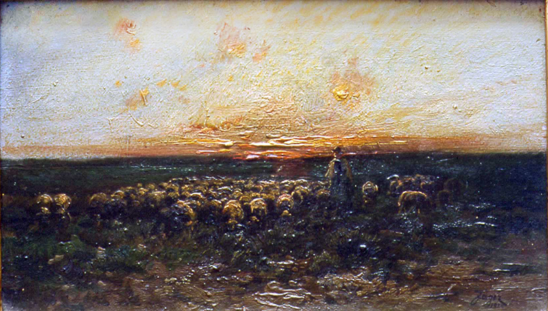 Ziehende Herde bei Abendrot
