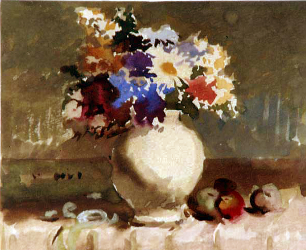 Blumenstrauß und Äpfel