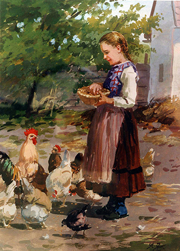 Mädchen füttert Hühner